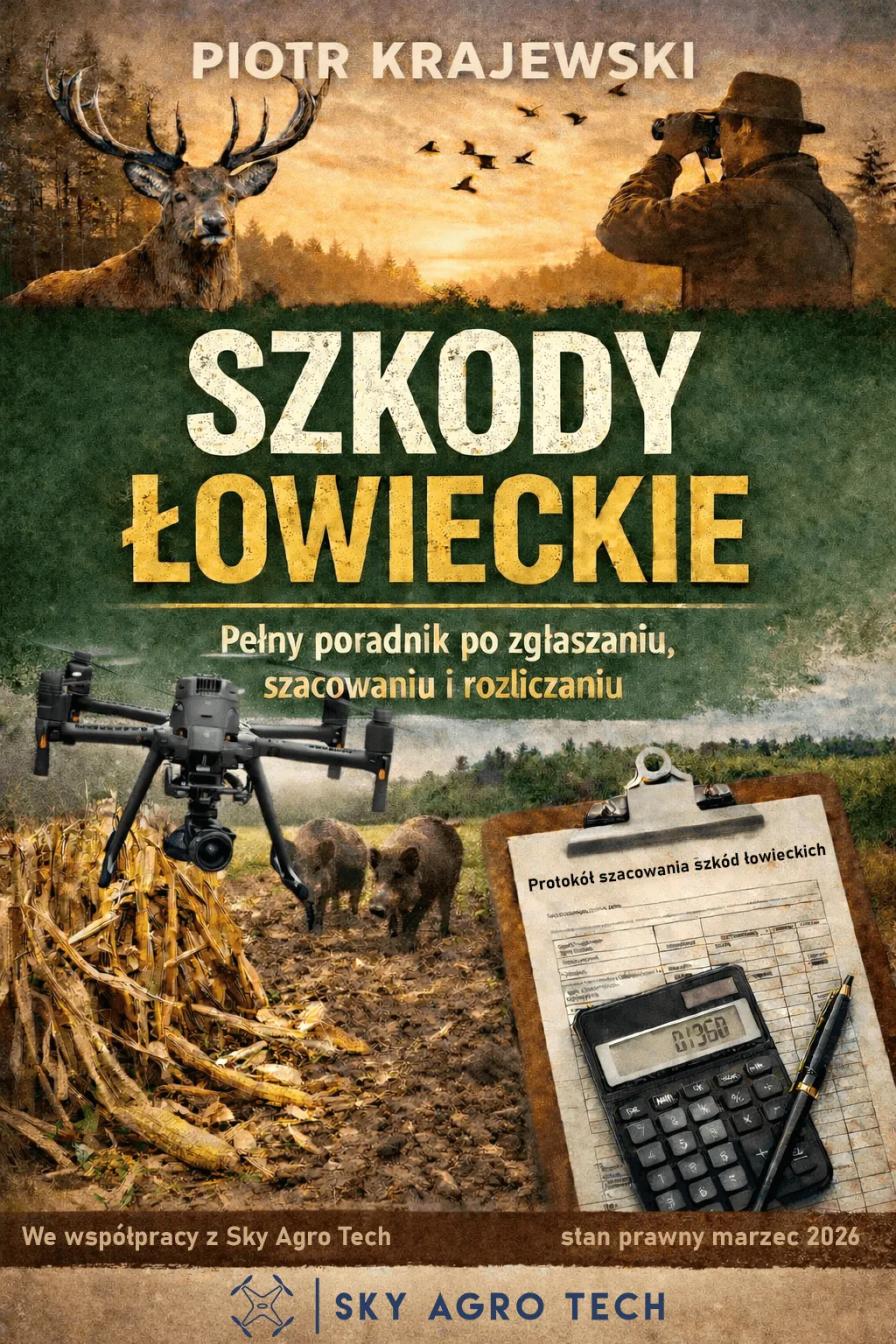 Okładka e-booka „Szkody łowieckie” Piotra Krajewskiego z jeleniem, dronem nad uszkodzoną kukurydzą i protokołem szacowania szkód